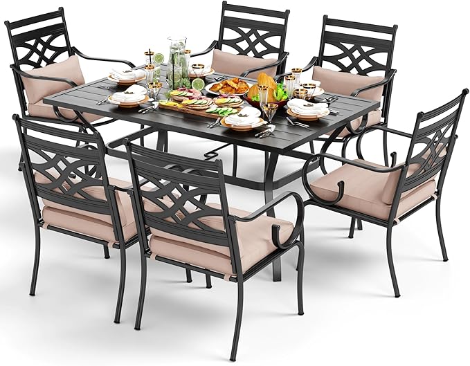 PHI VILLA 7 Pcs Patio Dining Set,Outdoor Table Chair Set for 6 with Outdoor Chairs and Metal Frame Steel Rectangular Table,Outdoor Dining Furniture with Cushion and Pillow for Garden Lawn Deck