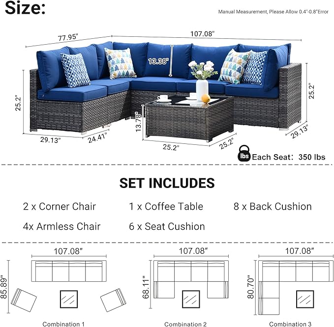 HOOOWOOO 7 Piece Patio Sectional Furniture Set,Modern Wicker Outdoor Conversation Sofa Sets,Weather Resistant Modular L Shaped Outside Couch Table Set(Navy Blue)