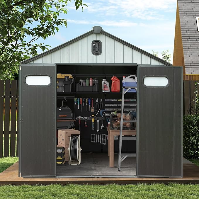 Domi 8x8FT Resin Outdoor Storage Shed with Lockable Door, Waterproof Outside Sheds with Windows & Vents, Heavy-Duty Plastic Tool Storage Shed for Patio Furniture, Lawn Mower, Bike