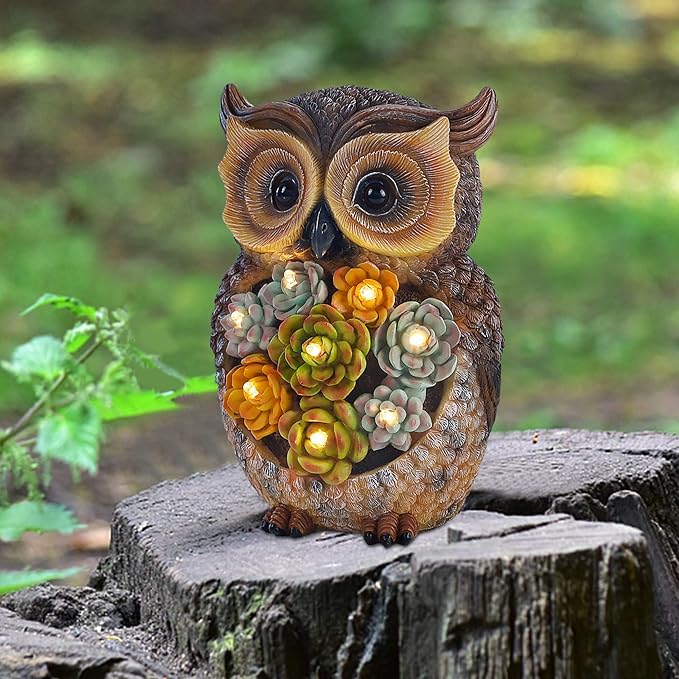 FORUP Owl Garden Statue, Resin Owl Figurine Garden Lawn Ornaments with Solar LED Lights for Outdoor Yard Garden Decorations