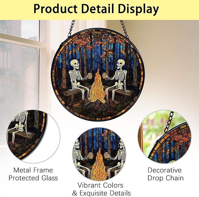 TNUW Halloween Fall Skeleton Stained Glass Window Hanging, Gothic Skeleton Autumn SunCatchers Indoor Window Glass Round Wall Art Decor, Halloween Fall Wall Hanging Decorations, 7.9"x7.9"