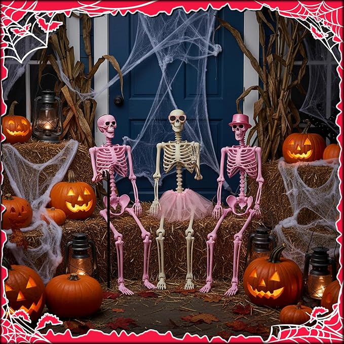 Tellingyou 6 Pcs Halloween Skeleton Decorations, Include 2 Pcs 5.4 ft Pink White Posable Life Size Skeletons, 1 Cane, 1 Tulle Skirt, 1 Hat, 1 Pink Glasses for Halloween Graveyard Haunted Decor