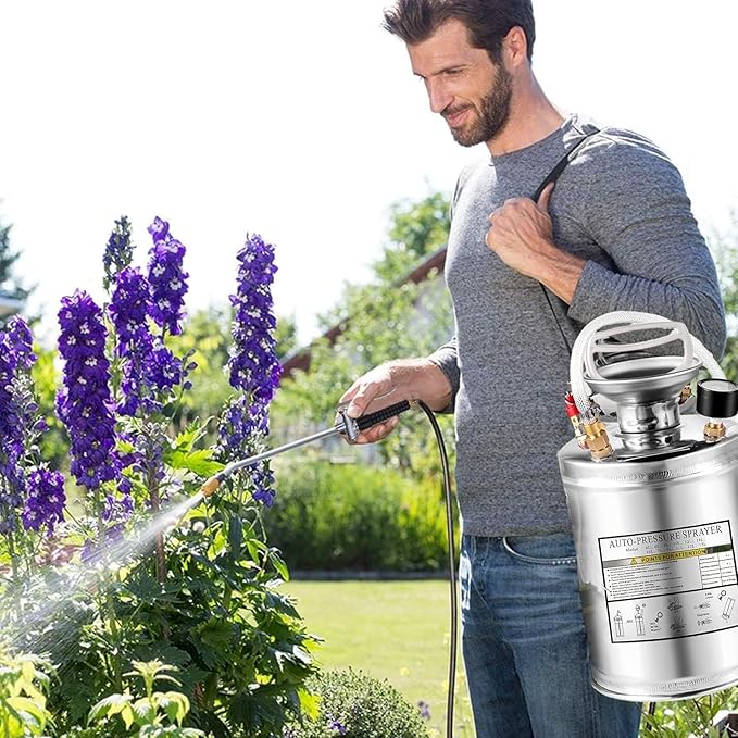 1Gal Stainless Steel Pump Up Sprayer Reinforced Hose, Hand Pump Sprayer with Pressure Gauge&Safety Valve, Adjustable Nozzle Suitable for Gardening (1 Gallon)