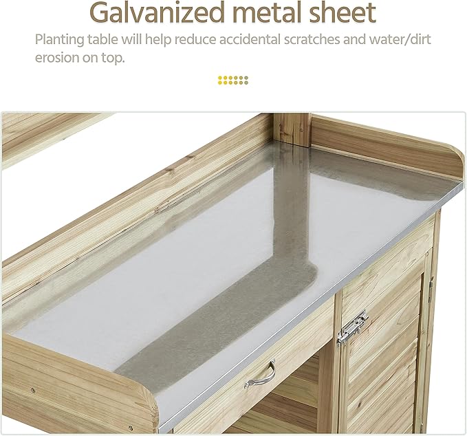 Yaheetech Outdoor Potting Bench Table, Garden Work Bench w/Metal Tabletop Work Station w/Cabinet Drawer, Open Top&Lower Shelf, Handy Hooks, ACQ Lumber Wood, Light Green