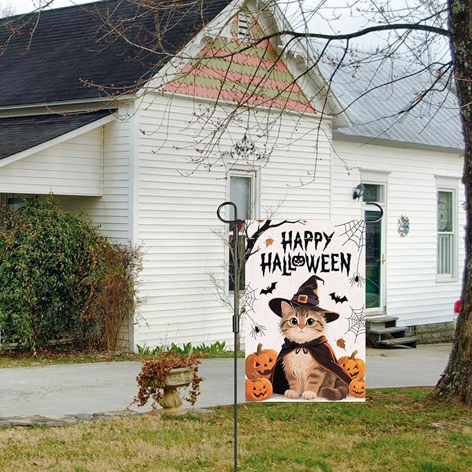 Happy Halloween Small Garden Flag, 12x18 Inch Pumpkin Cat Halloween Party Supplies, Outdoor Linen Double-Sided Yard Funny Flags Decoration