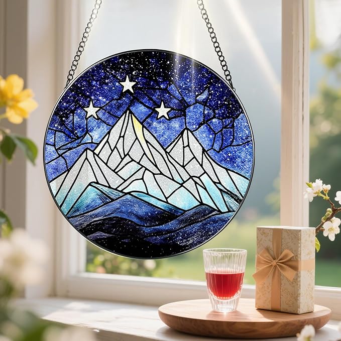 Stained Glass Window Hanging, Pauyadu 8 Inch Stained Glass Suncatcher Ornament, Night Court Window Decor, Suncatchers for Windows Hanging, Nature Lovers Gifts, Gifts for Friend, Lover