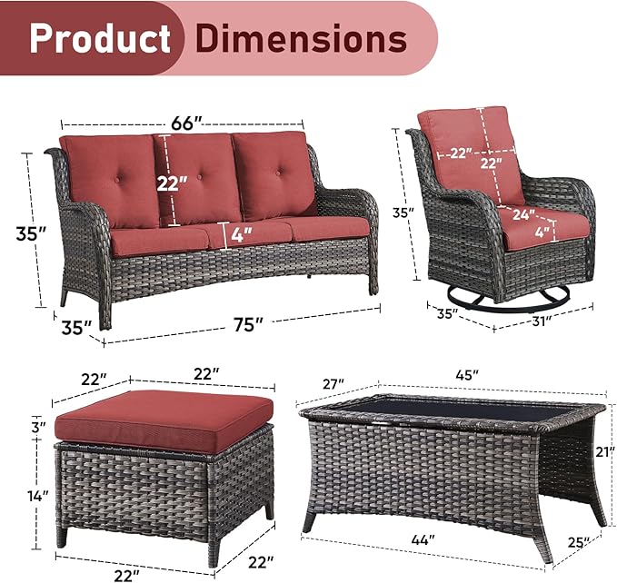 Wicker Outdoor Conversation Set-6 Pieces Outdoor Wicker High Back Couch with Swivel Rocker Chairs Patio Furniture for Deck Poolside Backyard-Grey/Red