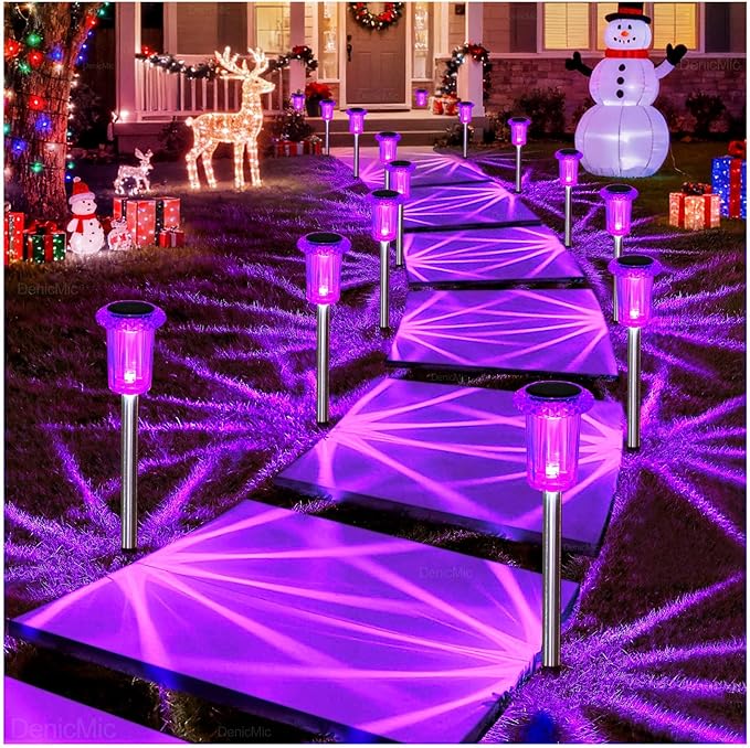 DenicMic Halloween Solar Lights Outdoor 10 Pack Purple LED Waterproof Yard Garden Patio Backyard Pathway Walkway Landscape Path Lawn Outside Halloween Decorations Outdoor