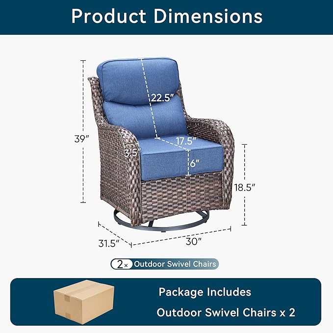 Luxury High Back Outdoor Swivel Rocker Patio Chairs with Side Table & 6-Inch Thick Cushions, 2 Pieces Patio Furniture Set for Porch, Balcony, Deck and Yard