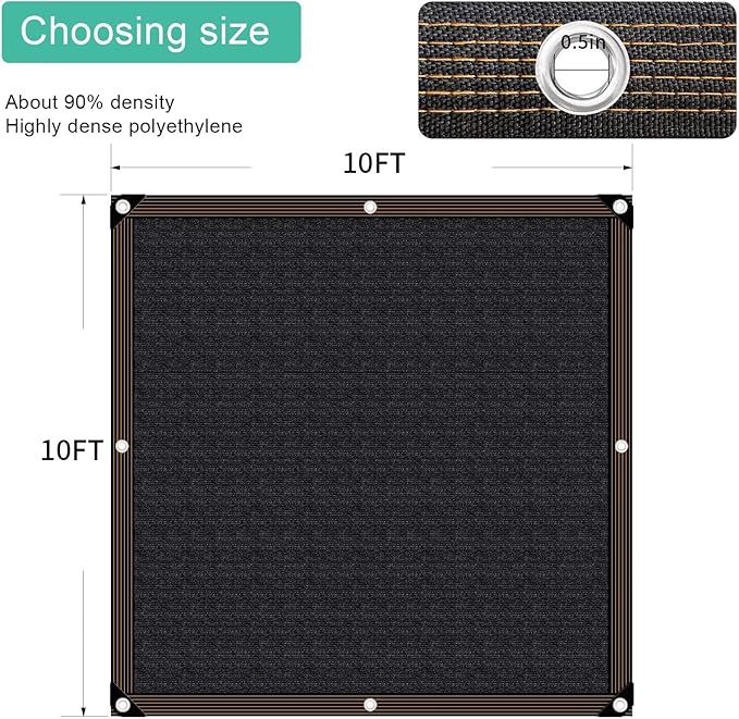 QNLONG Shade Cloth for Garden, 90% Black Shade Net Mesh Tarp with Grommets Sun Shade Cover Tear Resistance for Plants Greenhouse Chicken Coop Vegetables Pergola 10X10FT