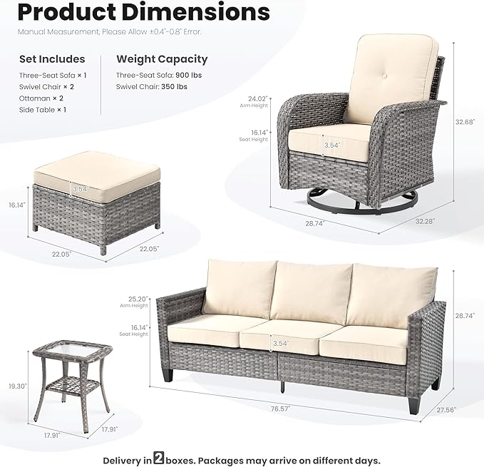 ovios 6 Pieces Patio Furniture Set, Outdoor Wicker Sofa Couch with Rocking Swivel Chairs Comfy Cushions, Modern Deep Seat Rattan Conversation Sets for Porch Deck, Beige