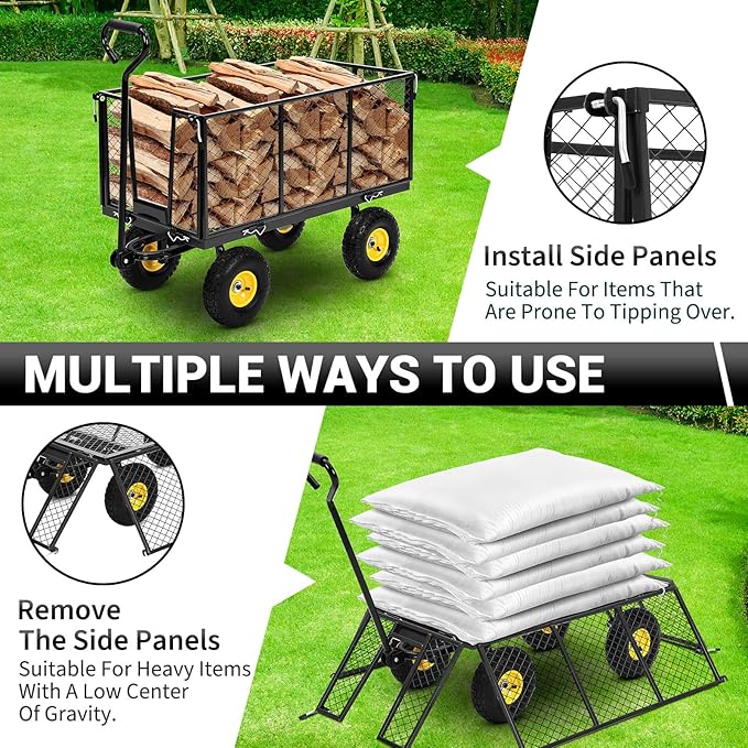 Heavy Duty Steel Garden Cart, 1100 LBS 3 in 1 Pullable Metal Garden Wagon with 10" Wheels, 180° Rotating Handle and Removable Sides for Farm, Yard
