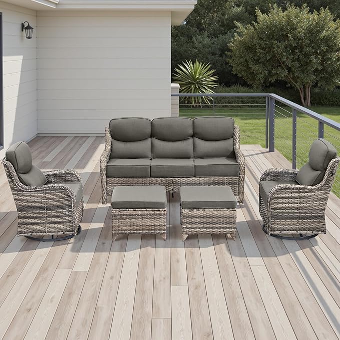 Wicker Outdoor Patio Furniture Set - 5 Piece Patio Conversation Sets with Swivel Rocker Chairs, Ottomans and Sofa, 6 inch Cushions, Waterproof Wicker, for Porch Deck Mixed Grey/Grey