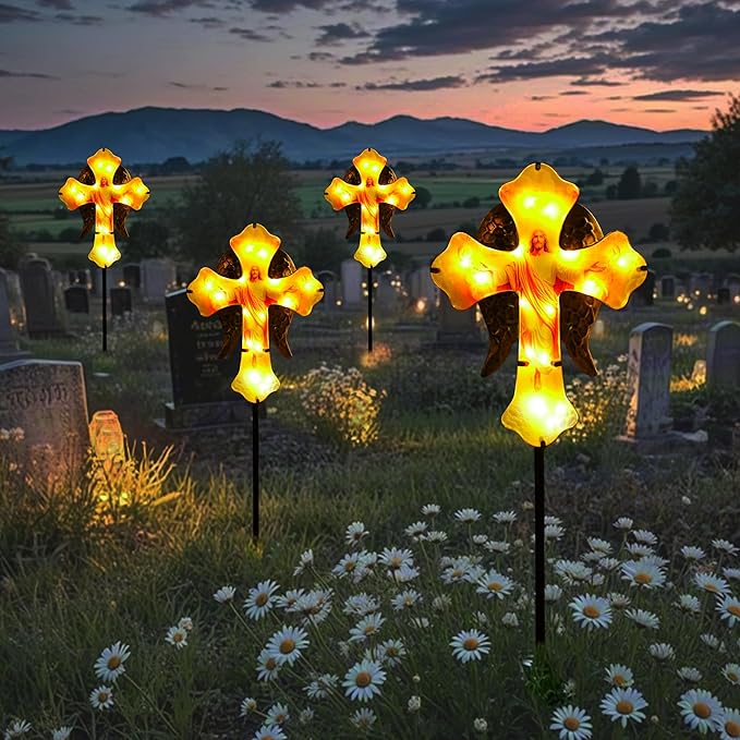 Solar Jesus Cross Garden Lights for Graves - Angel Wing Memorial Decor, Waterproof Cemetery Solar Stake Lights for Easter, Patio, Yard - Sympathy Gifts for Loved Ones1.