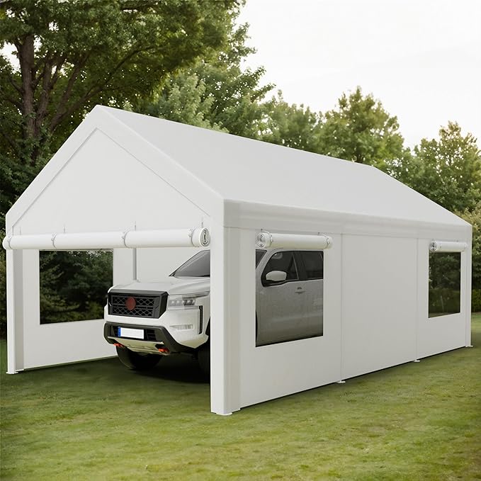 Shintenchi Carport 10' x 20' Heavy Duty Portable Garage, Car Port Canopy with Side-Opening Removable Door & Roll-Up Windows, Car Canopy for Truck,Car,Boat,Motorcycle,White
