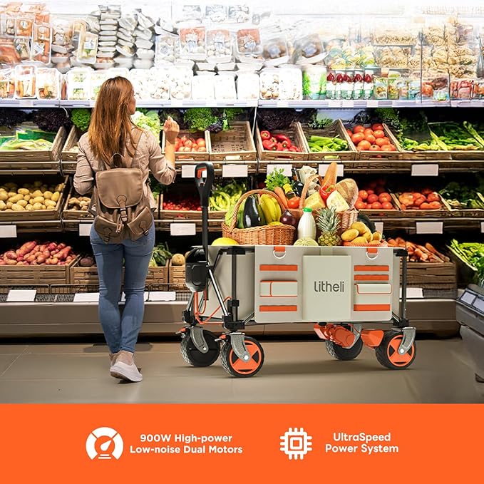 Litheli Electric Wagon Cart with Battery Power, All-Terrain Wheels & Variable Speed | 200L Capacity, 300 lbs Heavy-Duty Utility Wagon for Camping Gear, Beach Trips, Garden Tools & Shopping Hauls