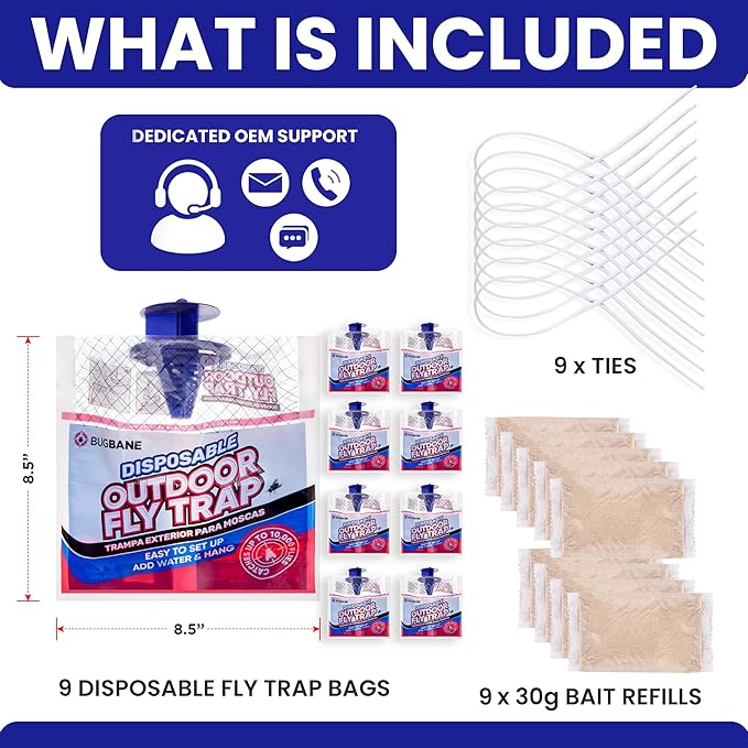 Fly Traps Outdoor Fly Trap for Patio. 9 Non-Toxic Pre-Baited Flies Bags Outdoor Disposable. Hanging Bug Catchers for All Filth Flies Killer for Outside Bug Control in Yard Horse Ranch Trash Can