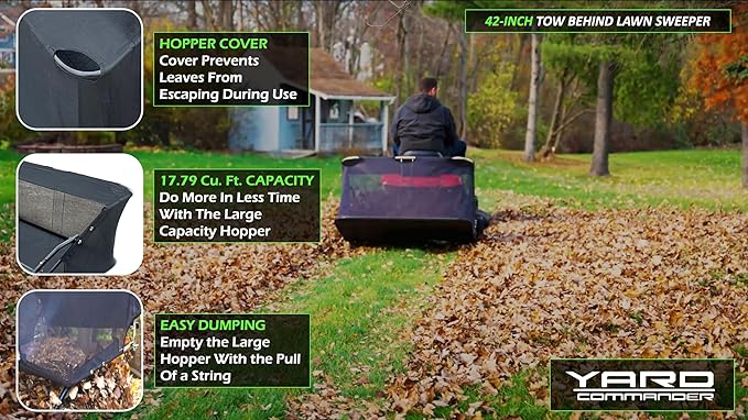 42-Inch Tow-Behind Lawn Sweeper, 10" Nylon Brushes, Universal Tractor/ATV Hitch, Never-Flat Wheels, Adjustable Height, 1-Year Warranty, Ideal for Leaves, Grass & Debris