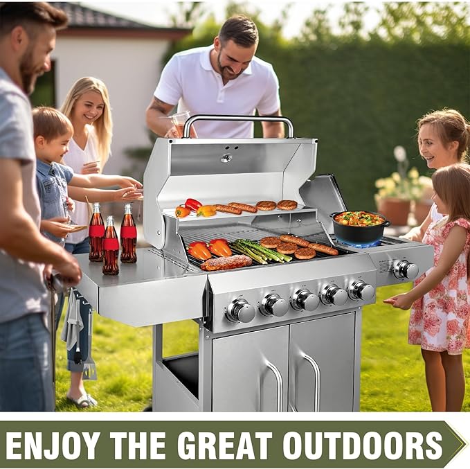 BESTFIRE 68,000 BTU 5+1 Burner Propane Grill - Stainless Steel BBQ with 647 sq in UPGRADED OIL-DRAIN Plates, Cast Iron Grates, Side Burner + FREE Food Clip for Outdoor Cooking
