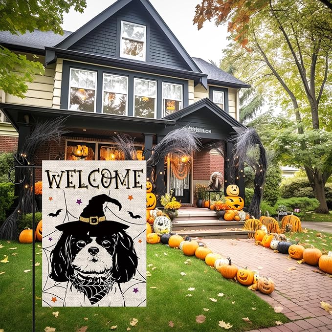 Halloween Garden Flag Shih Tzu Cobweb Bats Double Sided Vertical Welcome Flag Seasonal Holiday Outdoor Yard Lawn Party Decorations 12.5 x 18 Inch