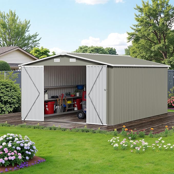 10×14 FT Outdoor Storage Shed, Light Grey Workshop Shed with 3 Lockable Doors & 4 Vents for Backyard, Patio, Lawn, Garden Tool & Lawn Mower Storage - Ideal for Homeowners, Gardeners & DIYers