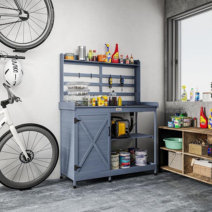 Outsunny Outdoor Wooden Potting Bench Table with Sink and Water Tap, Garden Workstation with Storage Cabinet, Storage Shelves for Backyard, Patio, Balcony, Gray