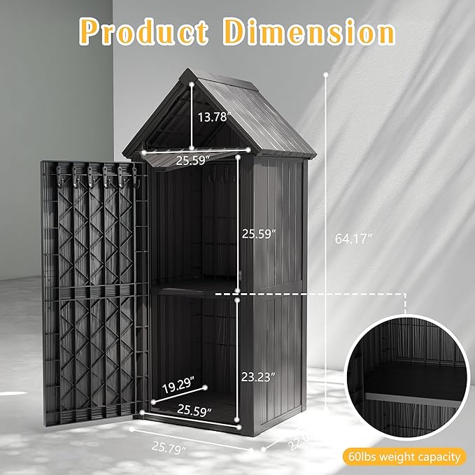 Storage Shed Outdoor Lockable,Waterproof Resin Garden Tool Shed, Heavy-Duty Weather-Resistant Cabinet for Patio, Backyard, or Garage (Black)