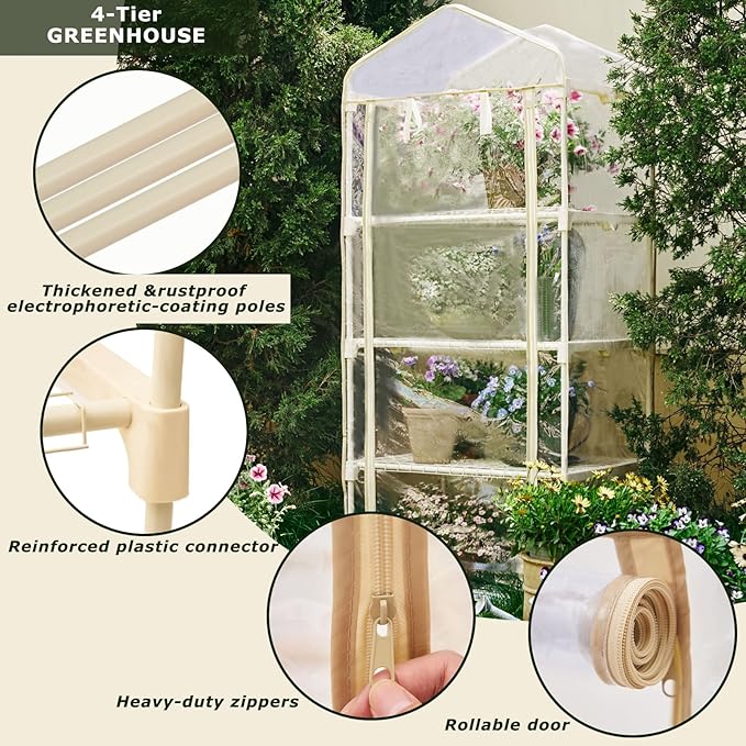 Mini Greenhouse with Grow Light , 4 Tier 27.2" ×19.9" ×61.8" Portable Greenhouse with Zippered for Seed Starting Trays , Dimmable 2ft 60W Plant Light for Indoor Plant with Timer(PLGH704OWPT)