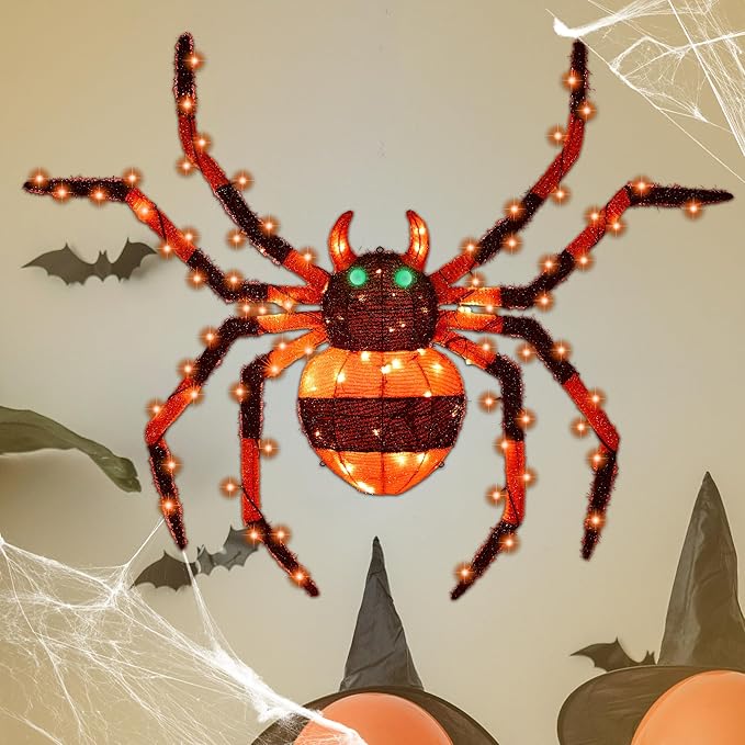 【1 Piece】 4.6Ft Giant Spider Halloween Decorations Outdoor 55" Light Up Spider with 90 LED Lights for Front Yard, Porch, Garden, Lawn, Halloween Party (Orange)