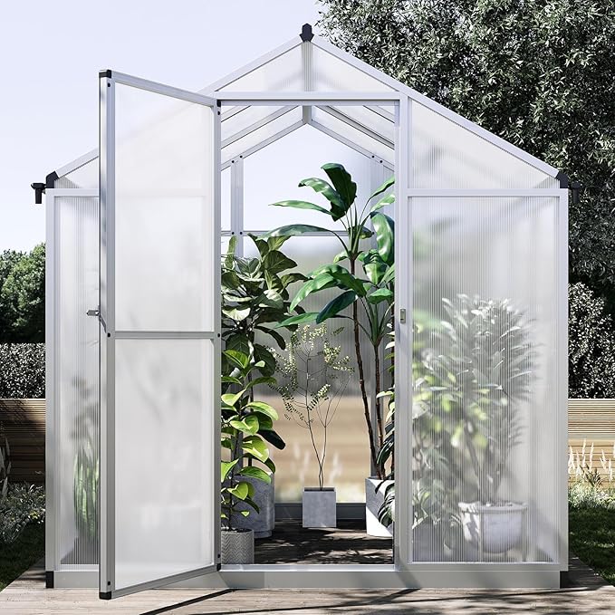 6x6.25FT Greenhouse,Easy Assembly Aluminum Polycarbonate Walk-in Greenhouse with Roof Vent,Large Outdoor Garden Green House,Backyard,White
