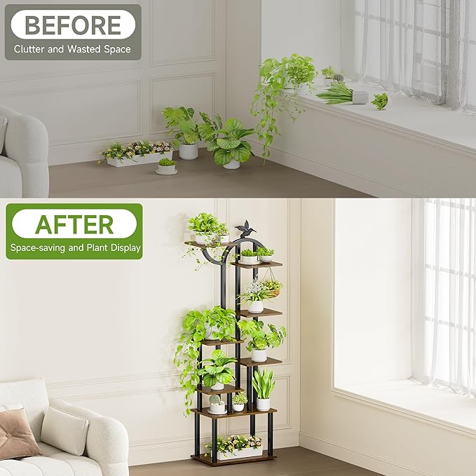 Plant Stand Indoor with Grow Lights, 63" Metal Plant Stand for Indoor Plants, 8 Tiered Tall Plant Shelf with Magnetic Cable Organizers and Decorative Bird, Plant Holder for Patio, Living Room, Home Decor