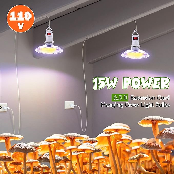 Meonum 1 Pack LED Growing Lights for Mushroom Unique Spectrum Mushroom Growing Lamp with 4.9 ft Extension Cord Hanging Light Bulbs with White Blue LEDs for Indoor Plants