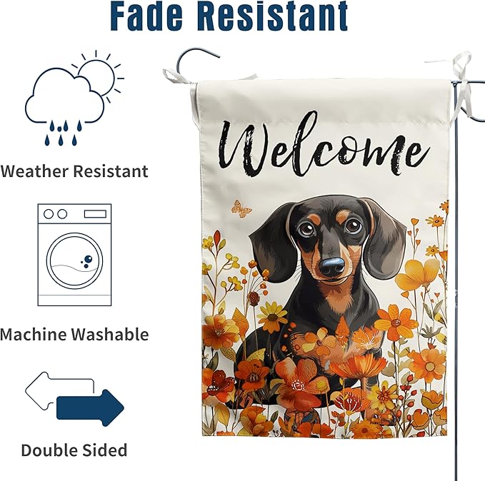 Floral Dachshund Garden Flag Fall Yard Flag Wildflower Dog Garden Flags Orange Autumn Lawn Flags Welcome Thanksgiving Outdoor Flags for Outside 12x18 Double Sided Small