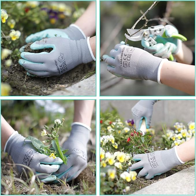 HAUSHOF 6 Pairs Garden Gloves for Women, Nitrile Coated Working Gloves, for Gardening, Restoration Work, Medium, Pink & Green, M