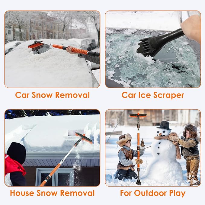 AstroAI 62.4" Ice Scrapers for Car Windshield and Extendable Snow Brush with Foam Grip and 360° Pivoting Brush Head for Christmas Car Auto Truck SUV(Orange)