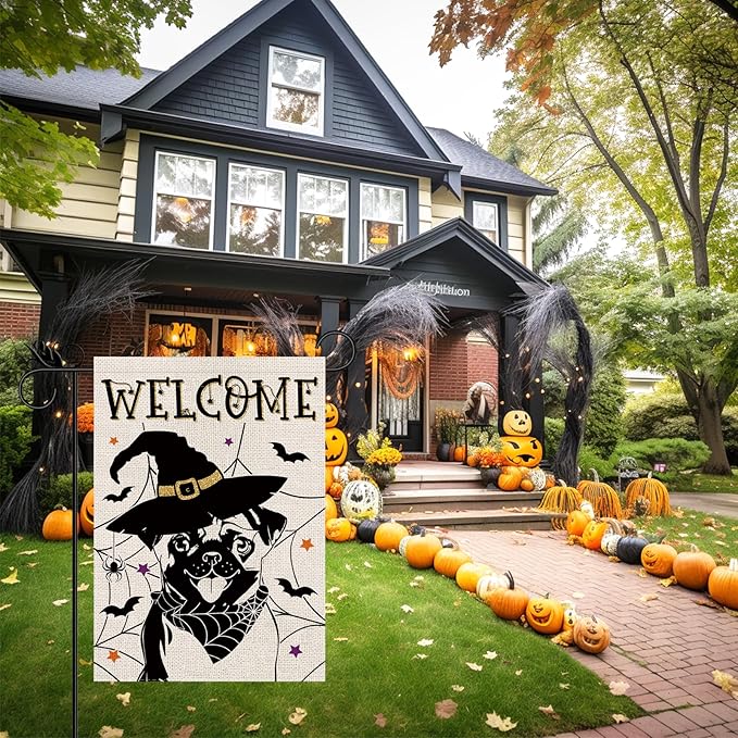 Halloween Garden Flag Pug Cobweb Bats Double Sided Vertical Welcome Flag Holiday Outdoor Yard Lawn Decorations 12.5 x 18 Inch
