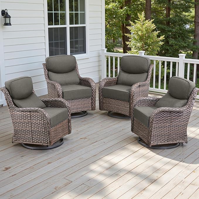 4 Piece Outdoor Patio Swivel Rocker Chairs, Waterproof Wicker, High Back, Deep Seating, Wide Armrest, Upgraded 6 inch Thick Cushions, Ideal for Deck Porch Backyard, Brown/Grey
