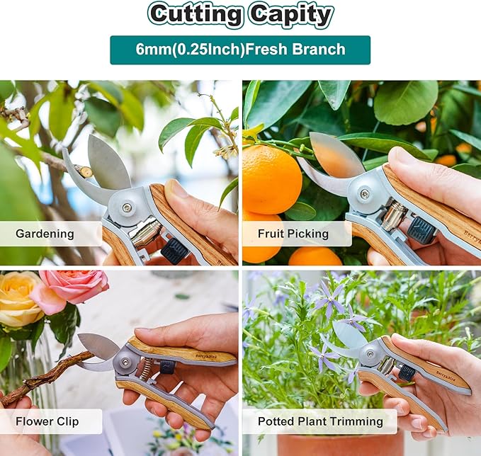 Berry&Bird Mini Pruning Shears for Gardening Curved Blades Hand Pruners with Wooden Handle Garden Scissors Snips Stainless Steel Trimming Small Clippers Bonsai Compact Size Sheaering Tool