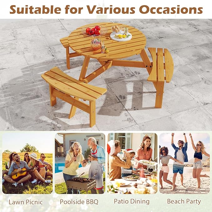 Giantex 6-Person Round Picnic Table Set with 3 Benches, 550 LBS Bench Capacity, 2" Umbrella Hole, Circular Outdoor Wood Dining Table & Chairs for Patio Yard Garden Porch Deck (68”x62”x28”,Yellow)