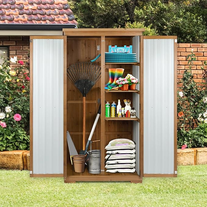 Outdoor Storage Cabinet Wood & Metal with Waterproof Roof, Garden Tool Shed with 3 Removable Shelves, 4 adjustable reinforced feet with metal brackets, 6 T-Hinge, magnetic door,15.6"D x 32.3"W x 66"H