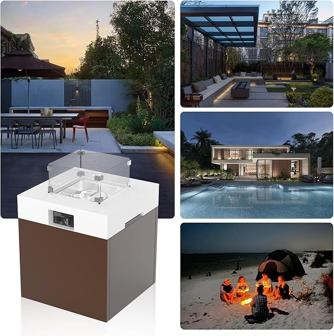 MBY 22" Aluminum Fire Pit Table, 37,000 BTU Gas Firepit for Outdoor Patio Deck and Garden, CSA Certified Fire Pit with Lid, Waterproof Cover, Glass Wind Guard and Glass Stone, Brown