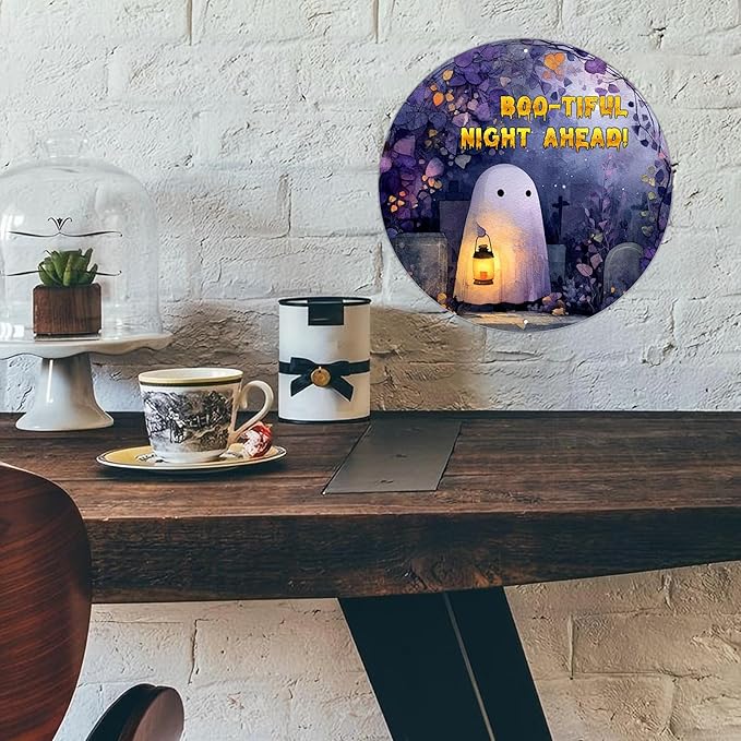 PEACHGARDEN Vintage Bootiful Night Ahead Ghost Metal Tin Sign Halloween Decor Gothic Wall Art Retro Plaque Spooky Home Kitchen Decor 12x12inch