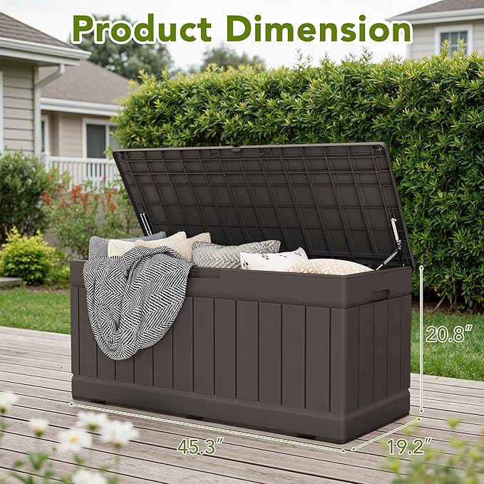 Devoko 78 Gallon Deck Box, Waterproof Resin Outdoor Storage Box for Outside and Patio, Outdoor Storage Bench Lockable for Patio Furniture, Garden Tools and Pool Supplies (Brown, 78 Gallon)