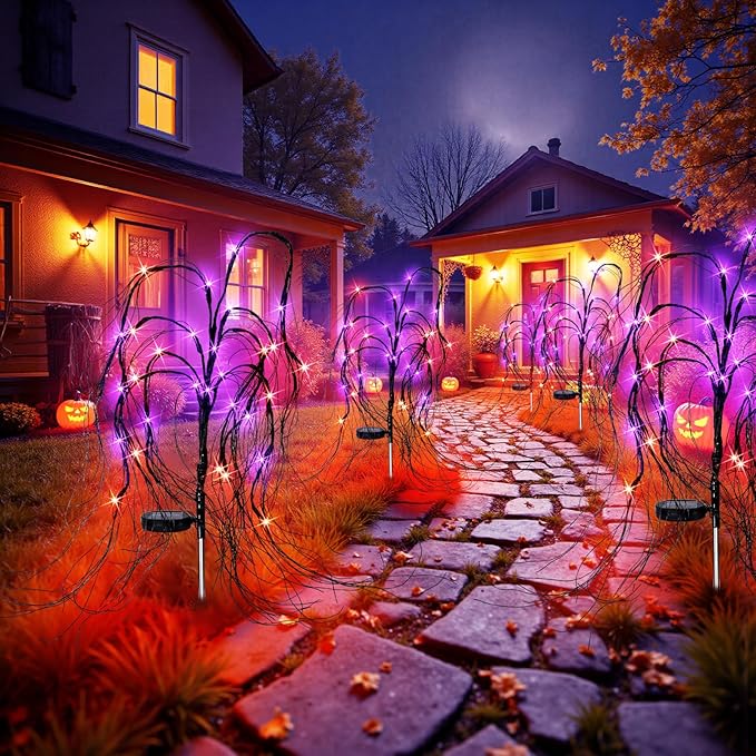 2 Pack Halloween Solar Lights Outdoor, 64 LED Weeping Willow Tree Stake Lights with 8 Mode, Waterproof Solar Pathway Lights for Garden Patio Yard Outdoor Decor (Purple Orange)