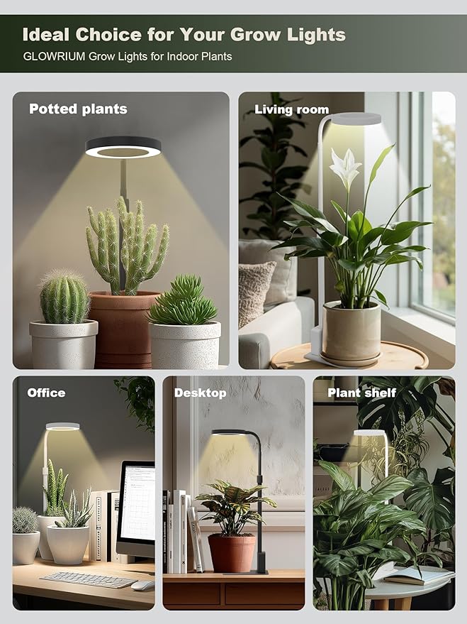 GLOWRIUM Smart LED Grow Lights for Indoor Plants, Desk Plant Light with Bluetooth App Control, 12W Full Spectrum Grow Lamp, Height Adjustable 16"-23", Auto Timer, Watering Reminder for Small Plants