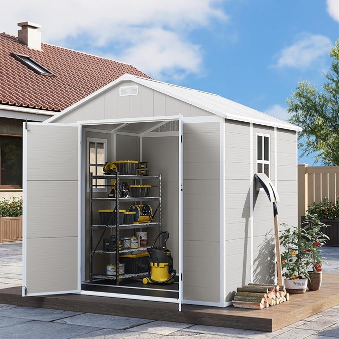 UDPATIO Resin Storage Shed 8 x 6 FT, Outdoor Garden Sheds with Floor Plastic Patio Outdoor Storage Shed with Lockable Door, Sandstone