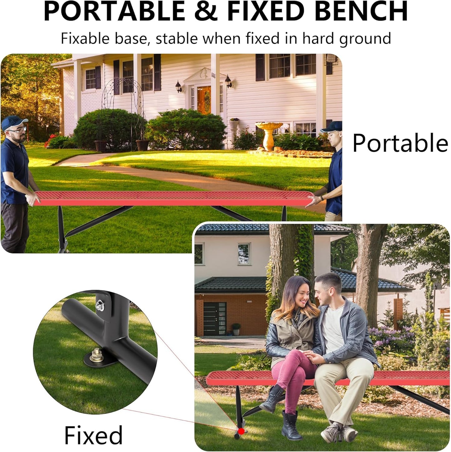 8 Feet Heavy Duty Metal Park Bench for Outside, Outdoor Bench with Portable Frame, Commercial Benches for Shopping Mall, Store, Park, Patio, Deck, Red