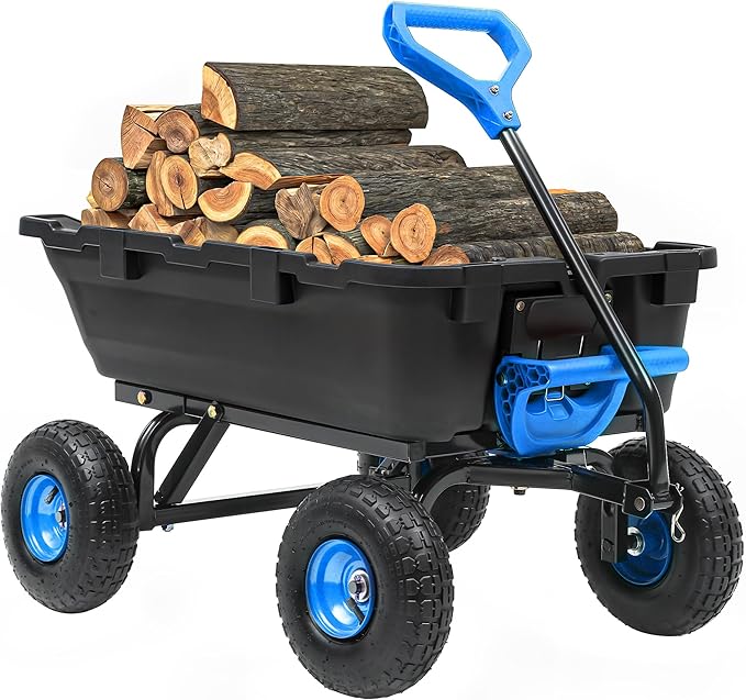 800lb Garden Dump Cart, Heavy Duty Wheelbarrow Dump Wagon with 4 Wheels&Quick-Release Dumping, Utility Wagon Carts for Yard, Farm and Garden(Blue)