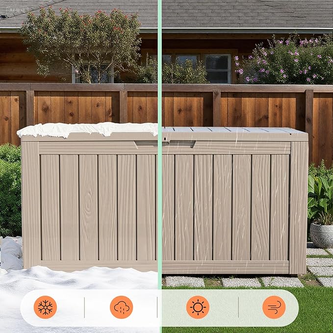 75 Gallon Outdoor Storage Box - Waterproof Resin Deck Box for Patio Cushions & Garden Tools - Lockable Indoor/Outdoor Storage Bin - Stylish Grey Design