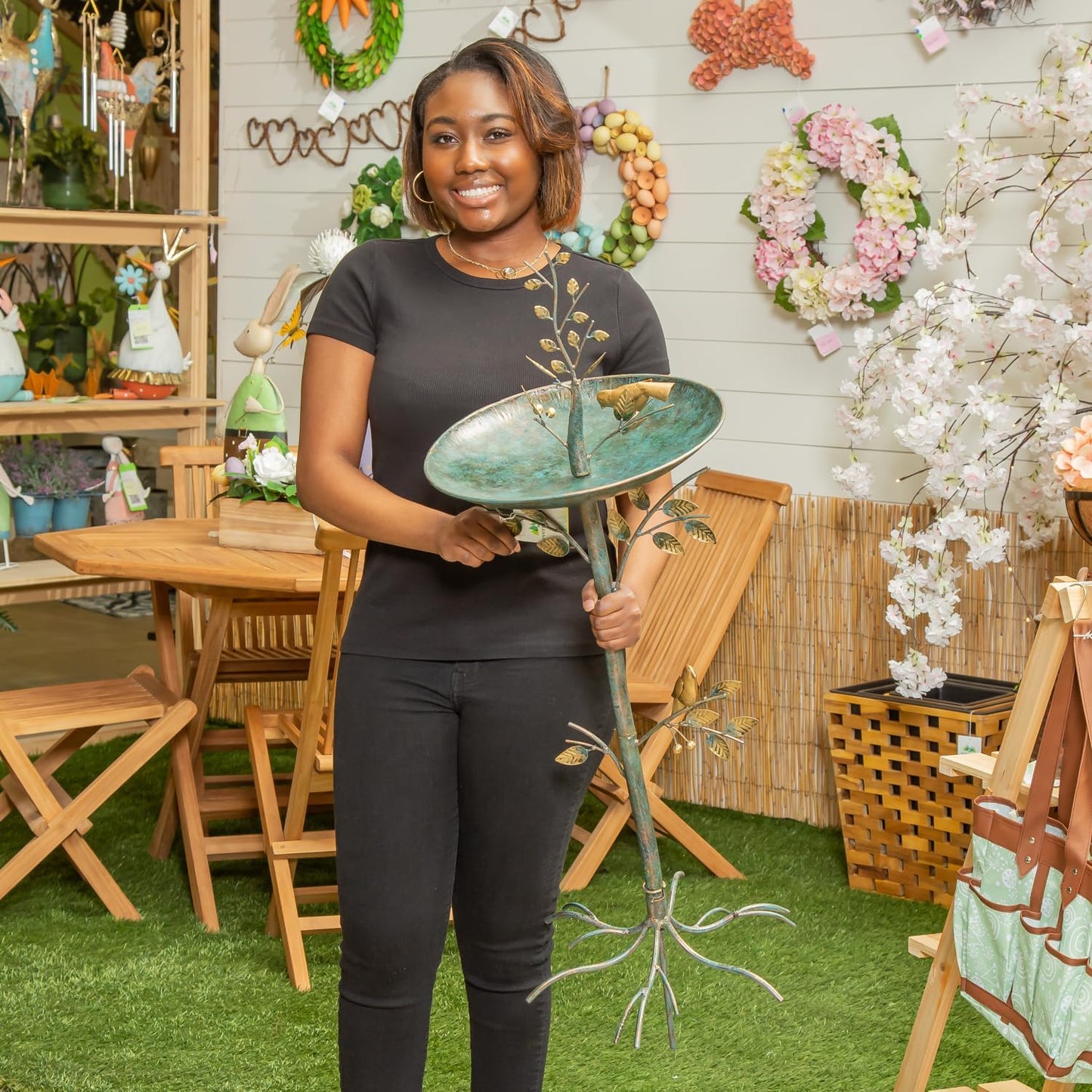 Evergreen Cast Metal Outdoor Garden Bird Bath and Feeder on Pedestal | Birds on Leafy Branch | 37.5 inches Tall | Antique Finish | Round Bowl Outside Rustic Decor Patio Porch Deck